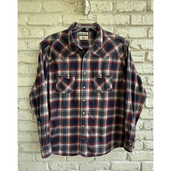 Ariat Herne Retro Fit Pearl Snap Button Flannel Shirt Mens Size XXL Blue Plaid - Picture 15 of 16
